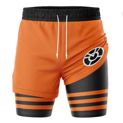 Orange Lantern Superheroes 2-in-1 Performance Shorts featuring orange and black fabric, a white superhero emblem on the leg, and three horizontal stripes on the black compression liner.