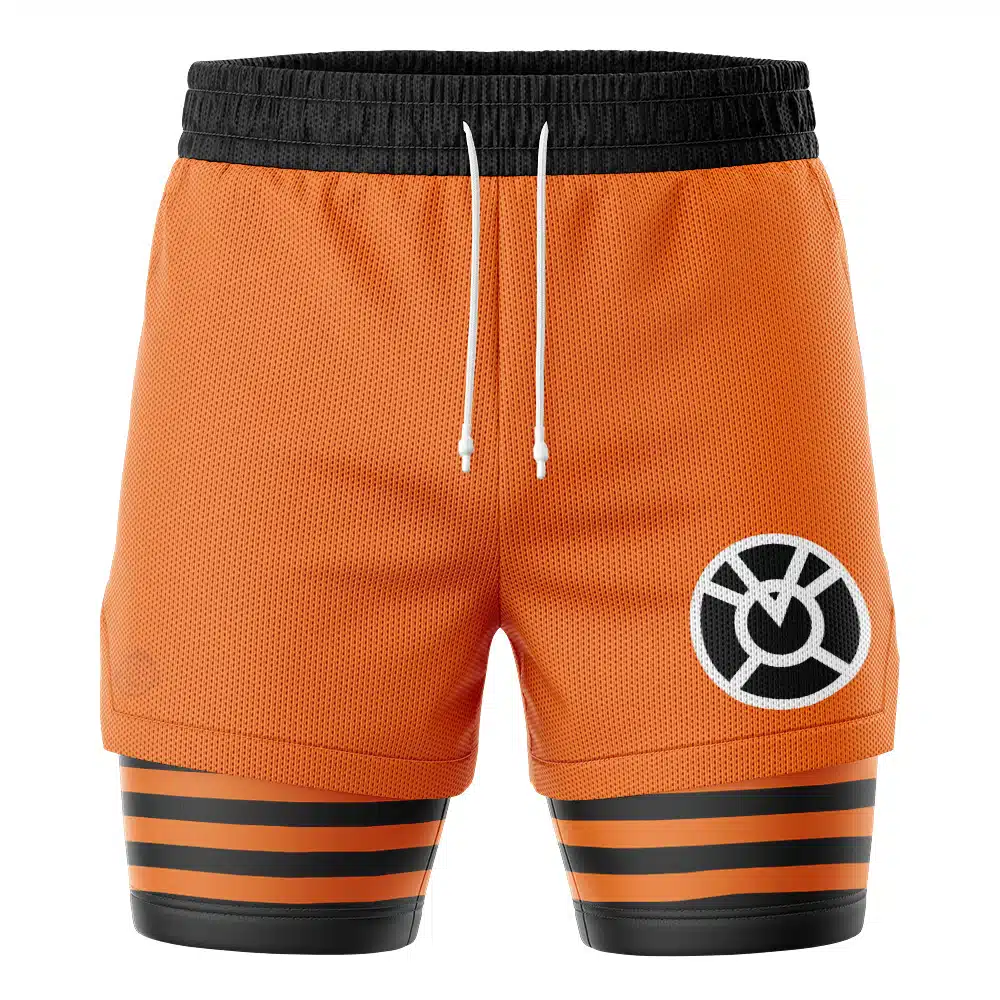 Orange Lantern Superheroes 2-in-1 Performance Shorts featuring orange athletic shorts with a black waistband, a white drawstring, and a circular emblem on the right leg, worn over black compression shorts with horizontal orange stripes.