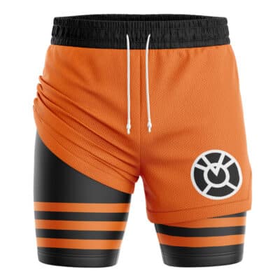 Orange Lantern Superheroes 2-in-1 Performance Shorts featuring orange mesh athletic shorts with a black waistband, white drawstrings, and a black inner compression liner with orange horizontal stripes and a white superhero logo on the leg.
