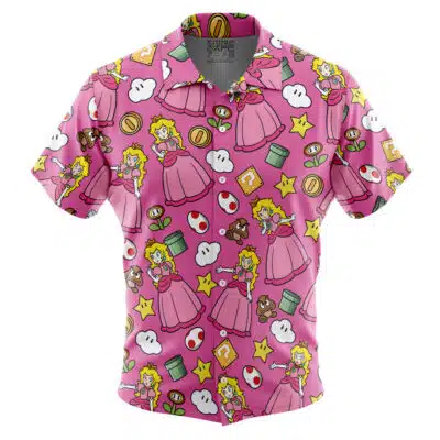 Princess Peach Pattern Super Mario Short Sleeve Button Up Hawaiian Shirt