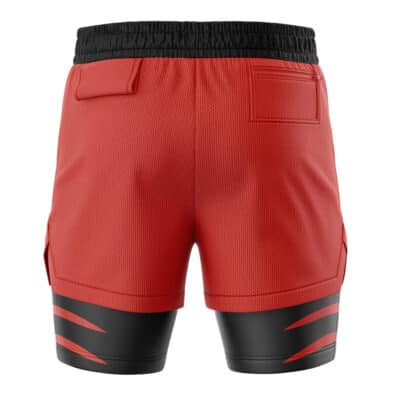 Back view of Red Lantern Superheroes 2-in-1 Performance Shorts, featuring a black waistband, a small zippered pocket, and black compression-style undershorts with red claw-mark graphics.