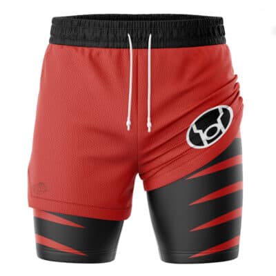 Red Lantern Superheroes 2-in-1 Performance Shorts are red mesh athletic shorts with a black inner liner featuring red claw-mark graphics and a white circular logo on the left thigh.