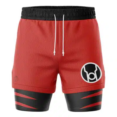 Red Lantern Superheroes 2-in-1 Performance Shorts featuring red athletic shorts with a black waistband, white drawstring, and a circular black-and-white symbol on the right leg, worn over black compression liner shorts with red horizontal stripes.