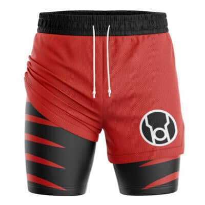 Red Lantern Superheroes 2-in-1 Performance Shorts featuring red and black two-in-one athletic shorts with white drawstrings and a circular logo with a stylized white lantern icon on a black background.