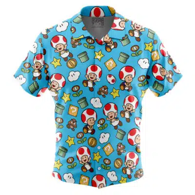 Toad Pattern Super Mario Short Sleeve Button Up Hawaiian Shirt