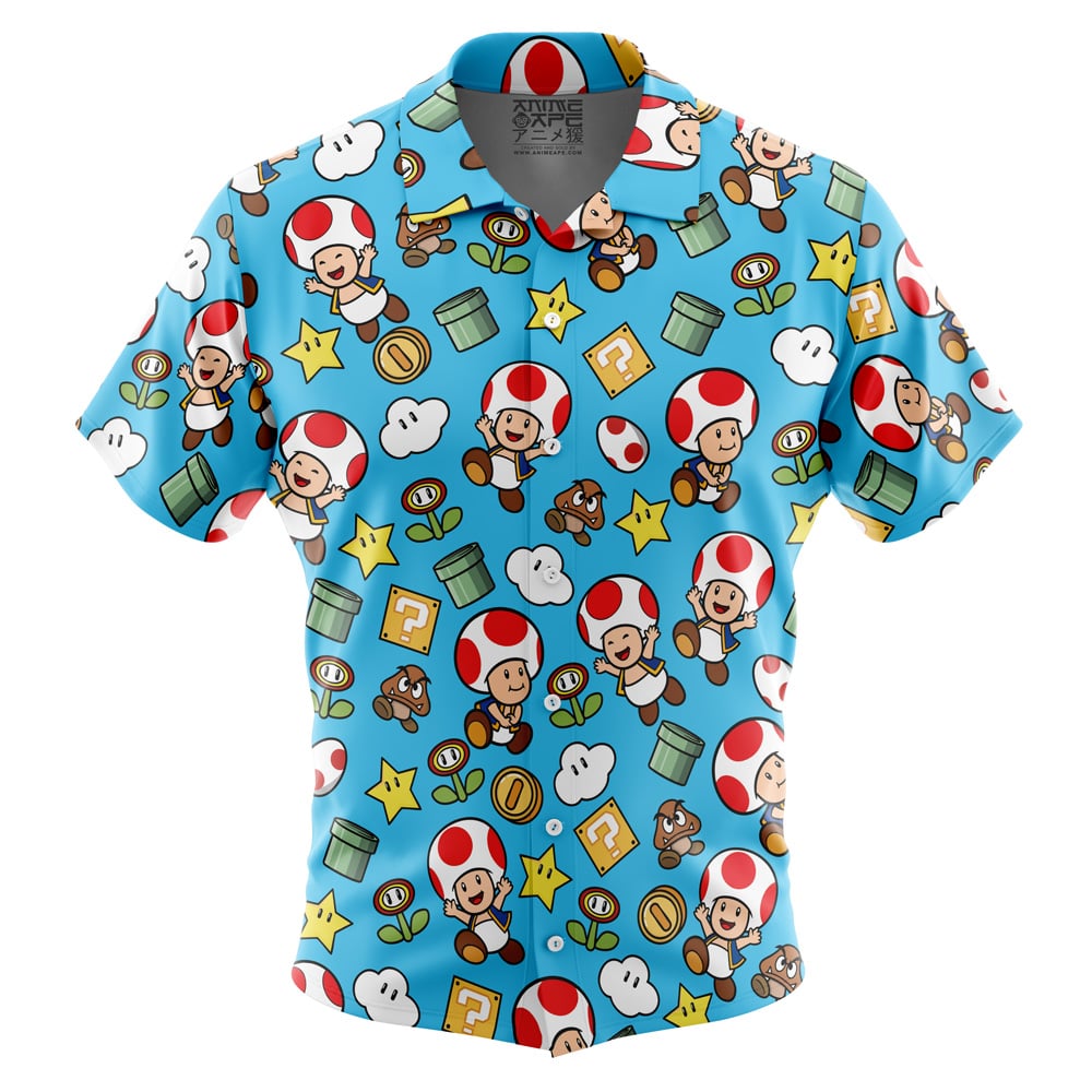 Toad Pattern Super Mario Short Sleeve Button Up Hawaiian Shirt