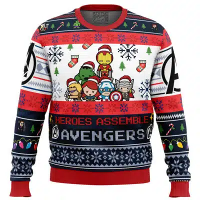 Default Ugly Christmas Sweater (Copy) featuring cartoon Avengers characters, snowflakes, and festive patterns with the text HEROES ASSEMBLE AVENGERS.