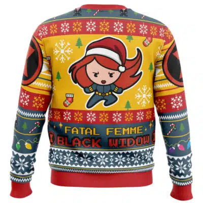 Default Ugly Christmas Sweater (Copy) featuring a cartoon Black Widow wearing a Santa hat, with FATAL FEMME and BLACK WIDOW text surrounded by patterns of snowflakes, trees, and candy canes.