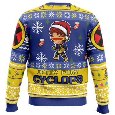Default Ugly Christmas Sweater (Copy) featuring a blue and yellow design with a cartoon Cyclops wearing a Santa hat, X-Men sleeve symbols, and the text OPTIC FURY CYCLOPS.