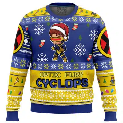 Default Ugly Christmas Sweater (Copy) featuring a blue and yellow design with a cartoon Cyclops in a Santa hat, X-Men logos on the sleeves, and the text OPTIC FURY CYCLOPS surrounded by snowflake and holiday patterns.