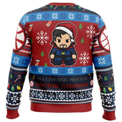 Default Ugly Christmas Sweater (Copy) featuring a cartoon Doctor Strange wearing a Santa hat, surrounded by festive snowflakes, candy canes, and patterned borders.