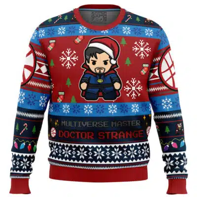 Default Ugly Christmas Sweater (Copy) in red and blue, featuring a cartoon Doctor Strange wearing a Santa hat, surrounded by holiday icons and text reading Multiverse Master Doctor Strange.