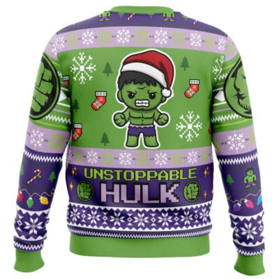 Default Ugly Christmas Sweater (Copy) in green and purple, featuring a cartoon Hulk wearing a Santa hat, surrounded by holiday icons, snowflakes, and the text UNSTOPPABLE HULK.