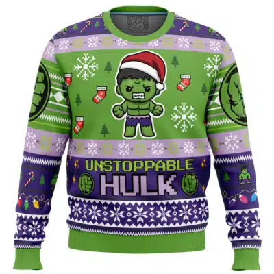Default Ugly Christmas Sweater (Copy) in green and purple, featuring a cartoon Hulk wearing a Santa hat surrounded by snowflakes, stockings, and the text UNSTOPPABLE HULK.