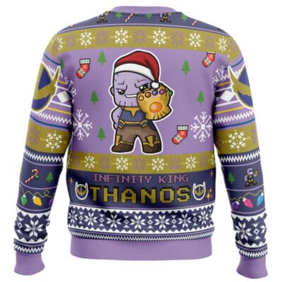 Default Ugly Christmas Sweater featuring a purple knit design of Thanos wearing a Santa hat and the Infinity Gauntlet, with text reading Infinity King Thanos amidst snowflakes, trees, candy canes, and stockings.