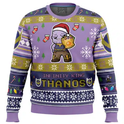 Default Ugly Christmas Sweater (Copy) in purple, featuring a cartoon Thanos in a Santa hat, the text INFINITY KING THANOS, and a pattern of stockings, snowflakes, Christmas trees, and lights.