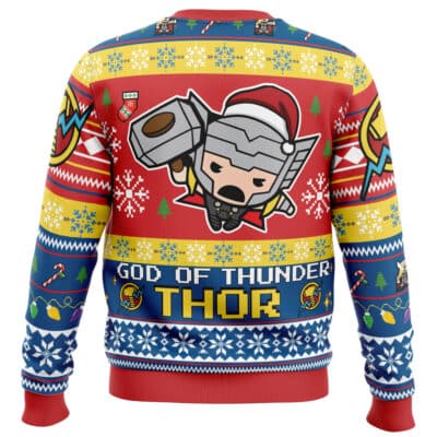 Back view of a red, blue, and yellow Default Ugly Christmas Sweater (Copy) featuring a cartoon Thor wearing a Santa hat, holding a hammer, and the text GOD OF THUNDER THOR in pixelated letters surrounded by holiday patterns.