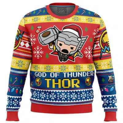 Default Ugly Christmas Sweater (Copy) in red, blue, and yellow, featuring a cartoon Thor wearing a Santa hat, holding Mjolnir, and captioned God of Thunder Thor.