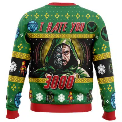 Green Christmas Spider-Punk Spiderman Marvel Ugly Christmas Sweater featuring Dr. Doom, the text I HATE YOU 3000, and various Marvel character icons.