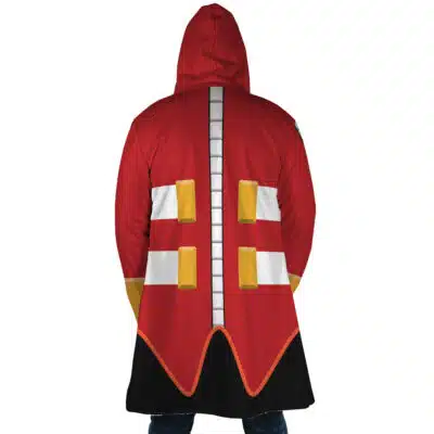 Back view of a red Slayer Suit The Dark Ages Doom Slayer Dream Cloak Coat featuring a white vertical spine detail and four gold rectangular accents.