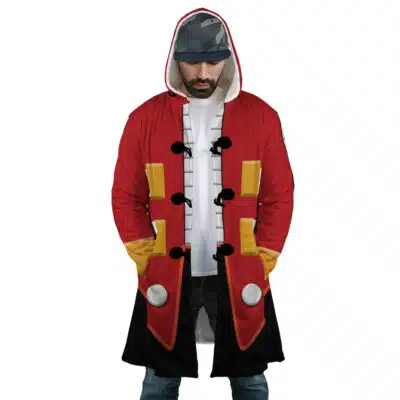 Slayer Suit The Dark Ages Doom Slayer Dream Cloak Coat featuring a long-sleeved red design with a white-lined hood, black toggles, and yellow block accents down the front.