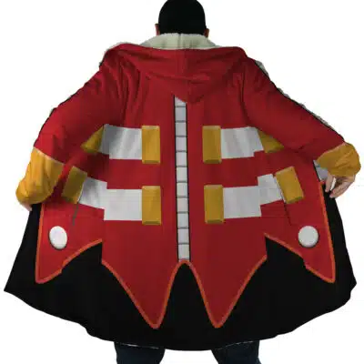 Back view of the Slayer Suit The Dark Ages Doom Slayer Dream Cloak Coat, a red, black, and gold hooded cloak with white faux-fur lining, held open to reveal a graphic pattern of gold rectangles and white stripes.