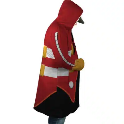 A person wearing a Slayer Suit The Dark Ages Doom Slayer Dream Cloak Coat, a red, hooded long coat with white and yellow geometric accents on the sleeves and back.