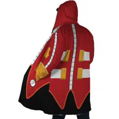 A Slayer Suit The Dark Ages Doom Slayer Dream Cloak Coat modeled from behind, featuring a hooded red and black design with gold rectangular accents and white piping.
