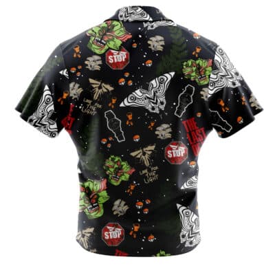 Black short-sleeved Default Button Up Hawaiian Shirt (Copy) with an all-over print of moths, mushrooms, stop signs, watches, and text reading Look for the light.