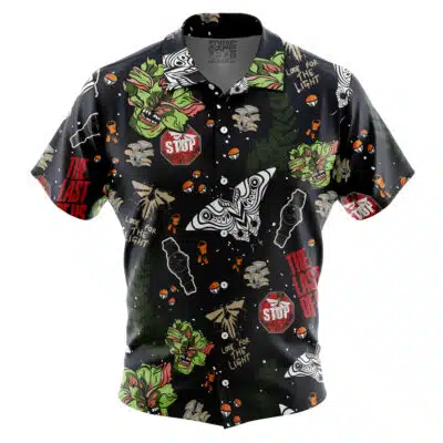 Default Button Up Hawaiian Shirt featuring an all-over print of moth illustrations, The Last of Us text, stop signs, mushroom clusters, and the phrase Look for the light on a short-sleeved black button-up shirt.