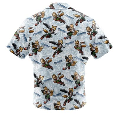 Default Button Up Hawaiian Shirt featuring an all-over print of Fox McCloud and the Star Fox logo on a light blue palm leaf pattern.