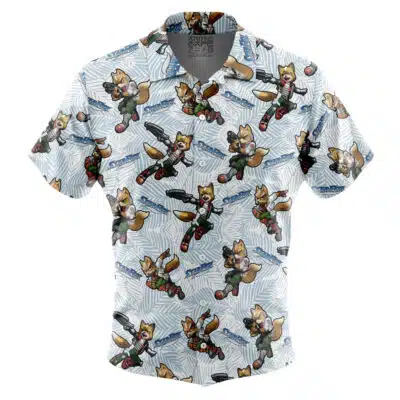 Default Button Up Hawaiian Shirt featuring an all-over pattern of Fox McCloud and the Star Fox logo on a light blue leaf-patterned background.