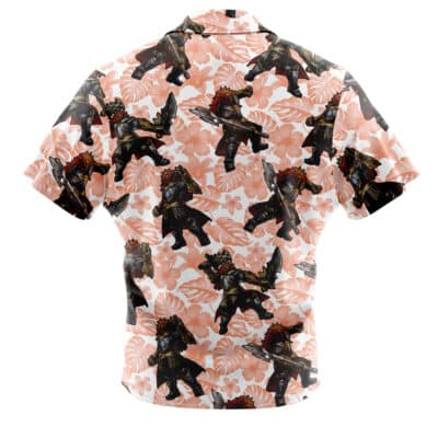 Default Button Up Hawaiian Shirt (Copy) featuring a pattern of warriors holding spears and shields against a background of light orange hibiscus flowers and palm leaves.