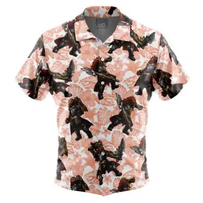 Default Button Up Hawaiian Shirt with an all-over print of armored warriors wielding large swords against a background of light pink tropical flowers.