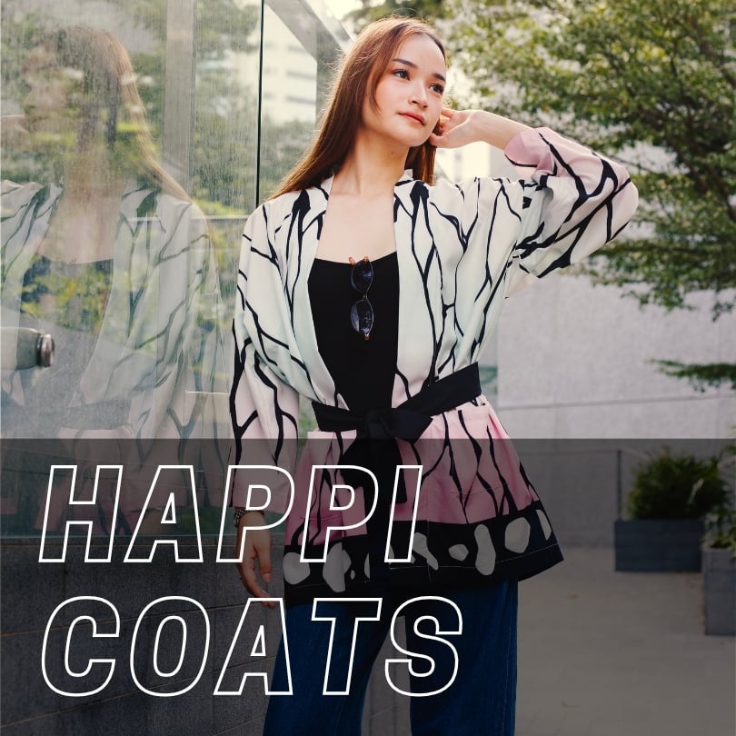 A young woman wearing a pink and white butterfly-patterned haori jacket over a black top, with the text HAPPI COATS overlaid at the bottom.