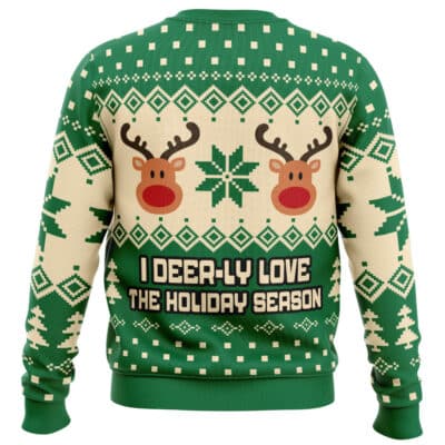 Bumble’s Snowshack Ugly Christmas Sweater is a green knit sweater featuring reindeer, geometric patterns, and the text I DEER-LY LOVE THE HOLIDAY SEASON.