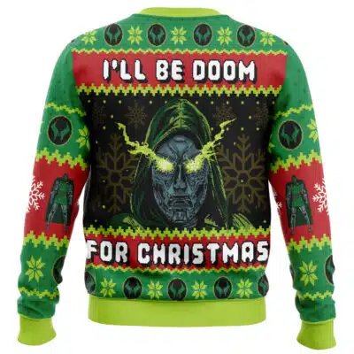 Dr. Doom I Hate You 3000 Marvel Ugly Christmas Sweater in green and red, featuring a pixelated portrait of Doctor Doom with glowing eyes, surrounded by snowflakes and mask icons with the text Ill be Doom for Christmas.