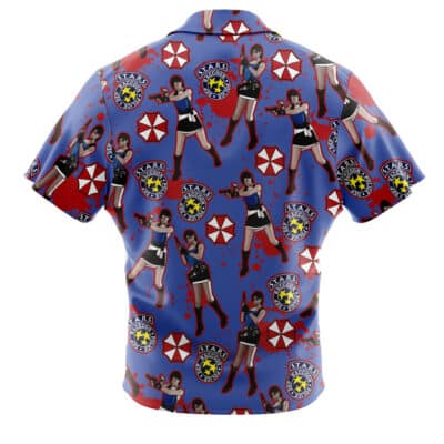 Blue Default Button Up Hawaiian Shirt (Copy) featuring an all-over print of a female police officer holding a handgun, Raccoon City S.T.A.R.S. emblems, and red Umbrella Corporation logos.
