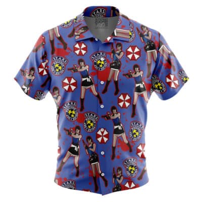 Default Button Up Hawaiian Shirt (Copy) in blue featuring an all-over print of Jill Valentine, the Raccoon City Police Department logo, and Umbrella Corporation emblems.