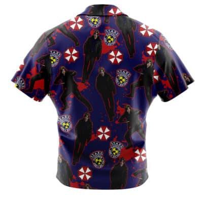 Default Button Up Hawaiian Shirt in a navy blue pattern featuring illustrations of a man, S.T.A.R.S. Raccoon Police badges, and red and white umbrella logos.