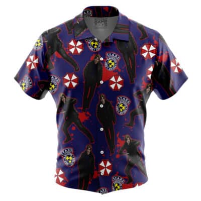 Default Button Up Hawaiian Shirt featuring an all-over pattern of Leon Kennedy, Raccoon City S.T.A.R.S. emblems, and red Umbrella Corporation logos on a dark blue background.