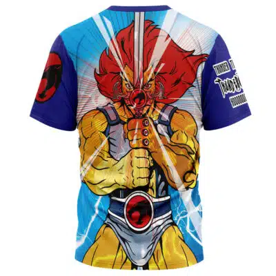 Back view of a Buff Anime Body T-Shirt (Copy) in blue, featuring a graphic of a muscular, red-haired character holding a sword, red circular sleeve logos, and ThunderCats text on the right shoulder.