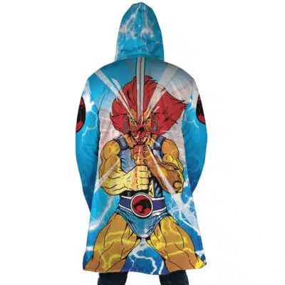 Back view of the Rasetsu Academy Uniform Tougen Anki Dream Cloak Coat (Copy) featuring a large graphic of a muscular, red-haired comic book hero holding a sword, set against a blue background with lightning bolts.
