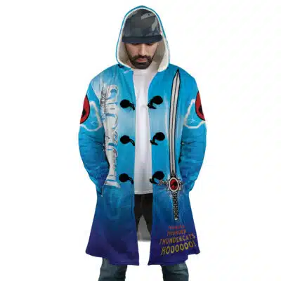 A person wearing a blue, long-sleeved Rasetsu Academy Uniform Tougen Anki Dream Cloak Coat featuring a Thundercats sword graphic and the text THUNDER THUNDER THUNDERCATS HOOOOOO!.