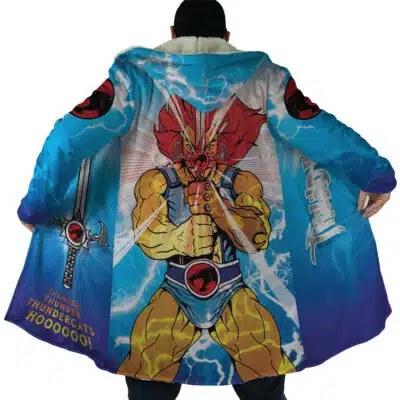Rasetsu Academy Uniform Tougen Anki Dream Cloak Coat (Copy) featuring a graphic of Lion-O from Thundercats, the Sword of Omens, and the text Thunder, Thunder, Thundercats, Hooooooo! against a blue lightning background.