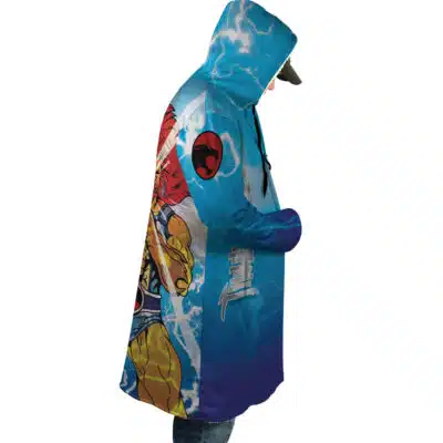 Rasetsu Academy Uniform Tougen Anki Dream Cloak Coat (Copy) featuring a blue hooded design with a lightning pattern and a large graphic of a muscular cartoon character with spiky red hair.