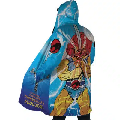Rasetsu Academy Uniform Tougen Anki Dream Cloak Coat (Copy) featuring a blue hooded design with an illustration of Lion-O, lightning graphics, and the text Thunder, Thunder, Thundercats, Hoooo! on the back.