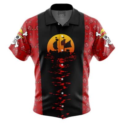 Kurozumi Orochi Outfit Pattern One Piece Short Sleeve Button Up Hawaiian Shirt featuring a black center panel with a ship silhouette against a yellow sun, and red sleeves patterned with skulls and meat icons.