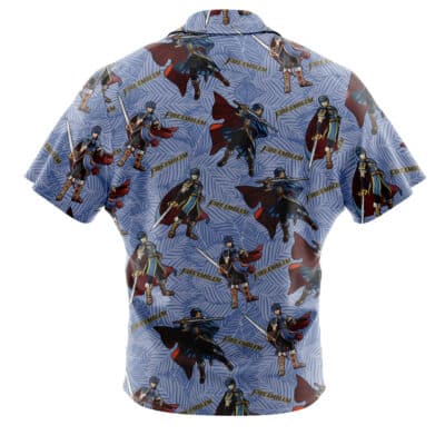 Default Button Up Hawaiian Shirt (Copy) in light blue with an all-over pattern of Fire Emblem characters and logos.