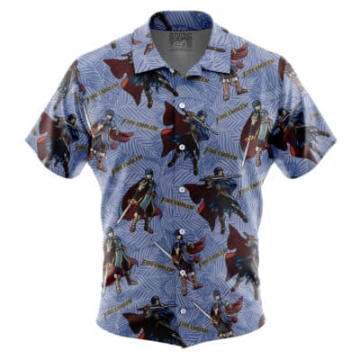 Default Button Up Hawaiian Shirt (Copy) in blue with a repeating pattern of Fire Emblem characters and text logos over a light palm leaf print.